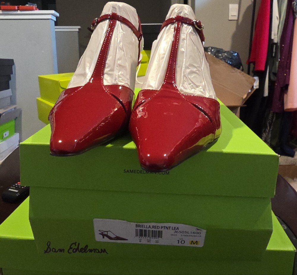 Sam Edelman Red Patent Leather T-Strap Pointed Flats - Picture 3 of 12